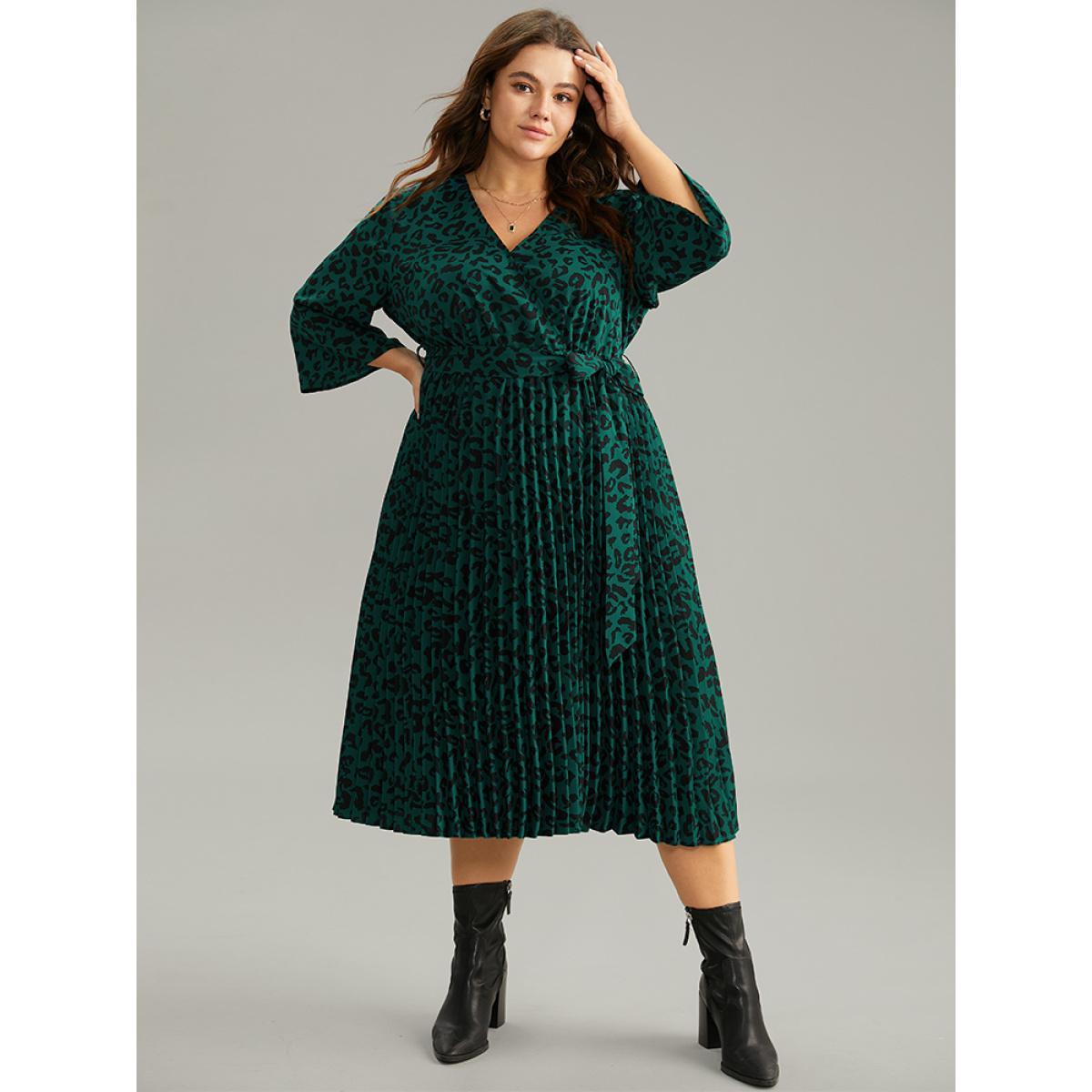Plus Size Leopard Wrap Elastic Waist Pleated Belted Dress Cyan Women At the Office Wrap Overlap Collar Elbow-length sleeve Curvy Midi Dress BloomChic 28/5X Product Image
