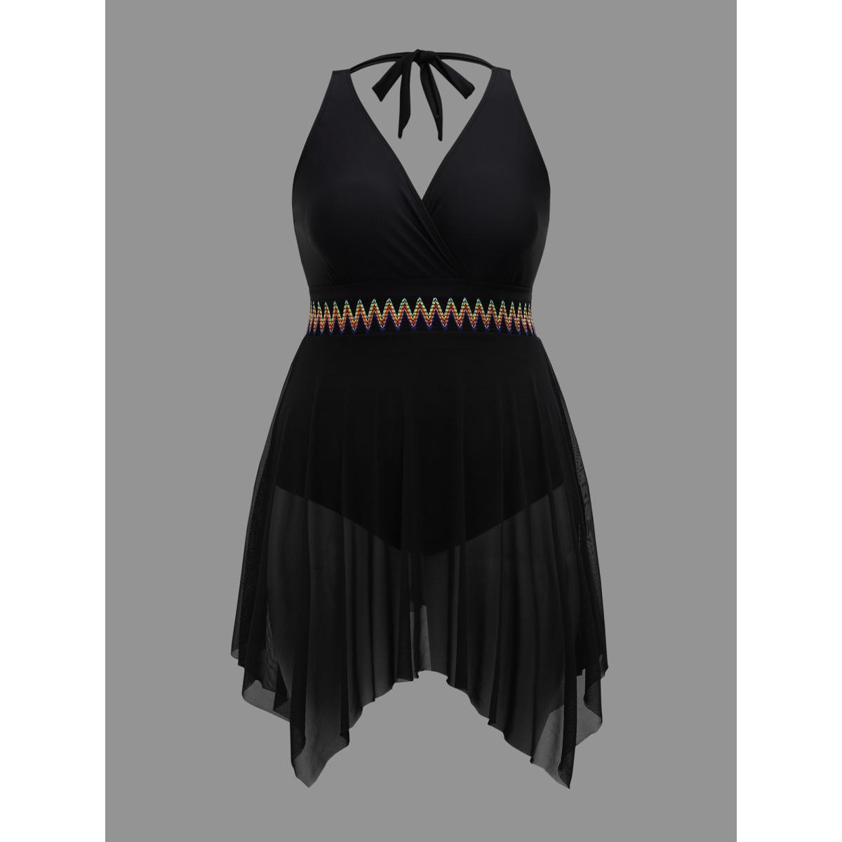 Plus Size Handkerchief Hem Contrast Webbing Surplice Neck Swim Dress Women's Swimwear Black Beach Bodycon Overlap Collar High stretch Curve Swim Dresses BloomChic 26/4X Product Image
