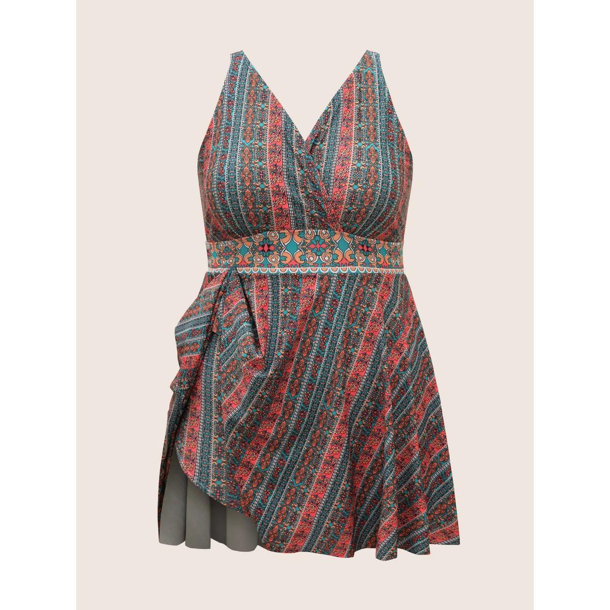 Plus Size Overlap Collar Bandana Print Patchwork Swim Dress Women's Swimwear Crimson Beach Bodycon V-neck High stretch Curve Swim Dresses BloomChic 12/L Product Image
