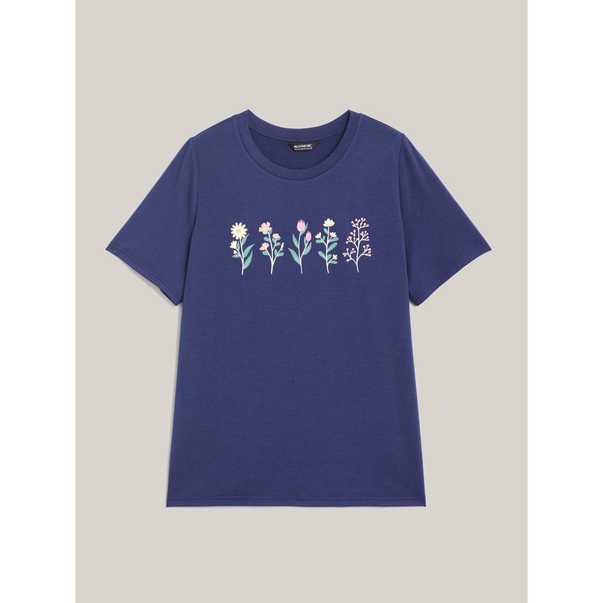 Plus Size Plants Print Stretchy Crew Neck T-Shirt DarkBlue Women Casual Non Natural Flowers Round Neck Everyday T-shirts BloomChic 10/M Product Image