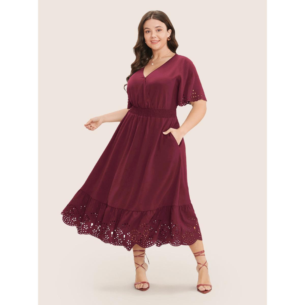 Plus Size Solid Laser Cut Shirred Pocket Wrap Scalloped Trim Flutter Dress Burgundy Women Elegant Non V-neck Short sleeve Curvy Midi Dress BloomChic 14-16/1X Product Image