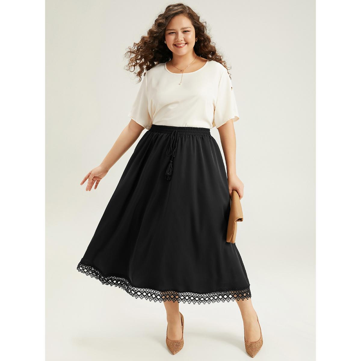 Plus Size Lace Insert Pocket Ties Tassel Skirt Women Black Office Tassels Low stretch Pocket Work Skirts BloomChic 10/M Product Image