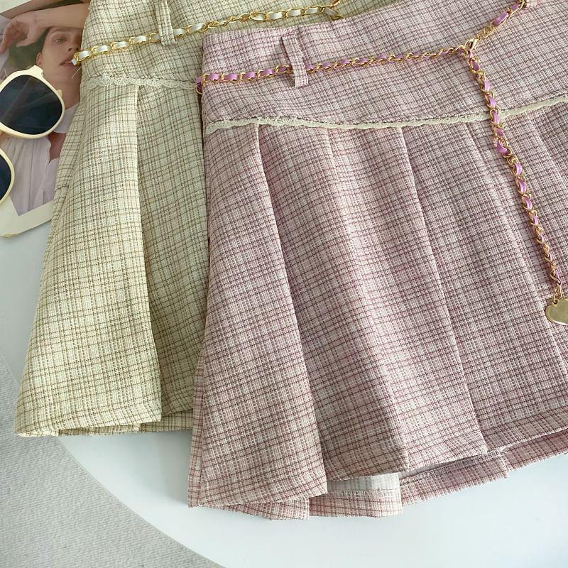 High Rise Plaid Lace Trim Pleated Mini A-Line Skirt Product Image