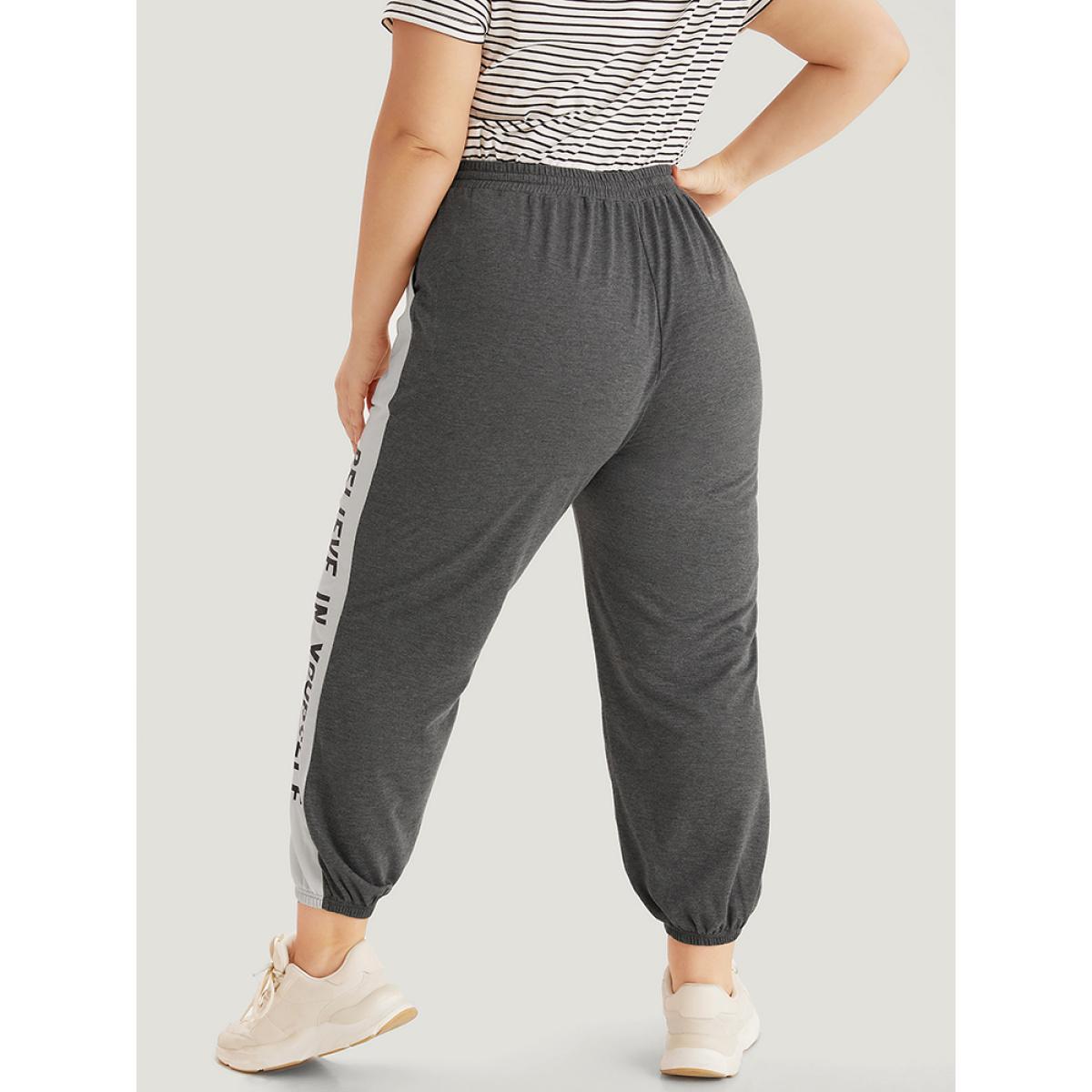Letter Print Bowknot Contrast Patchwork Pocket Sweatpants Gray Plus Size Women Casual Everyday Contrast 22-24/3X Bloomchic Product Image