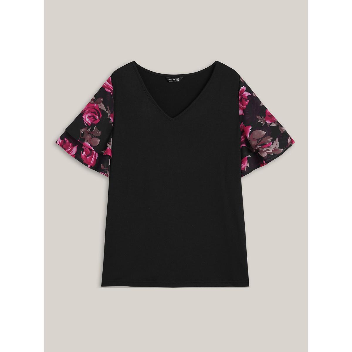 Plus Size Stretchy Floral Lotus Sleeve V-Neck T-Shirt Black Women Casual Contrast Round Neck Everyday T-shirts BloomChic 28/5X Product Image