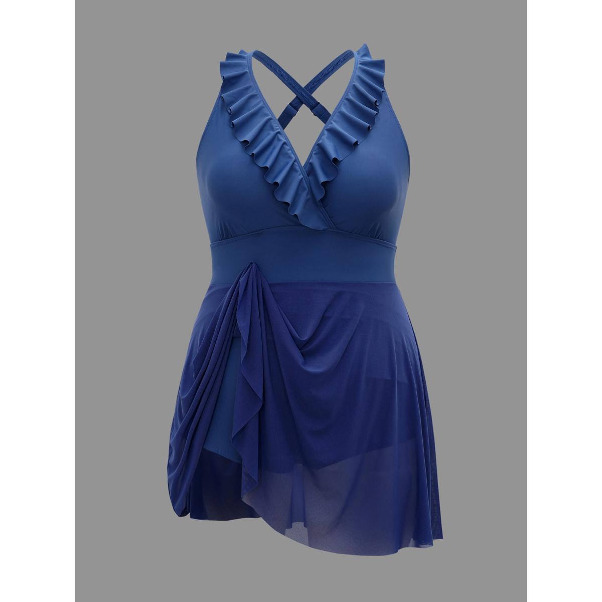 Plus Size Ruffle Trim Patchwork Mesh Swim Dress Women's Swimwear Mediumblue Beach Bodycon Overlap Collar High stretch Curve Swim Dresses BloomChic 18-20/2X Product Image