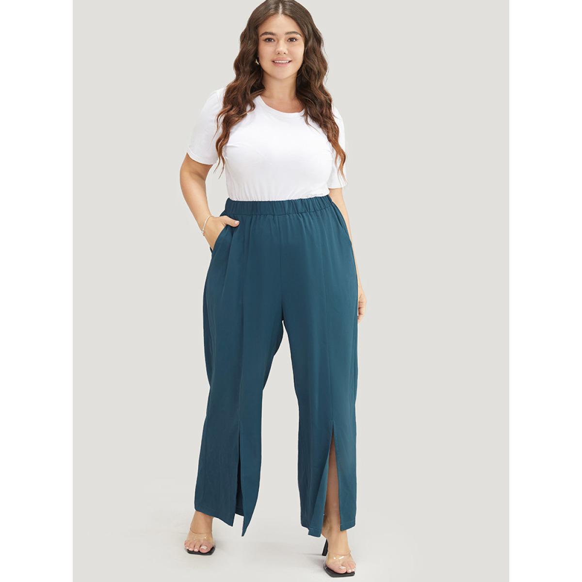 Plus Size Split Hem Elastic Waist Pocket Pants Women Cyan Office Mid Rise Work Pants BloomChic 14-16/1X Product Image