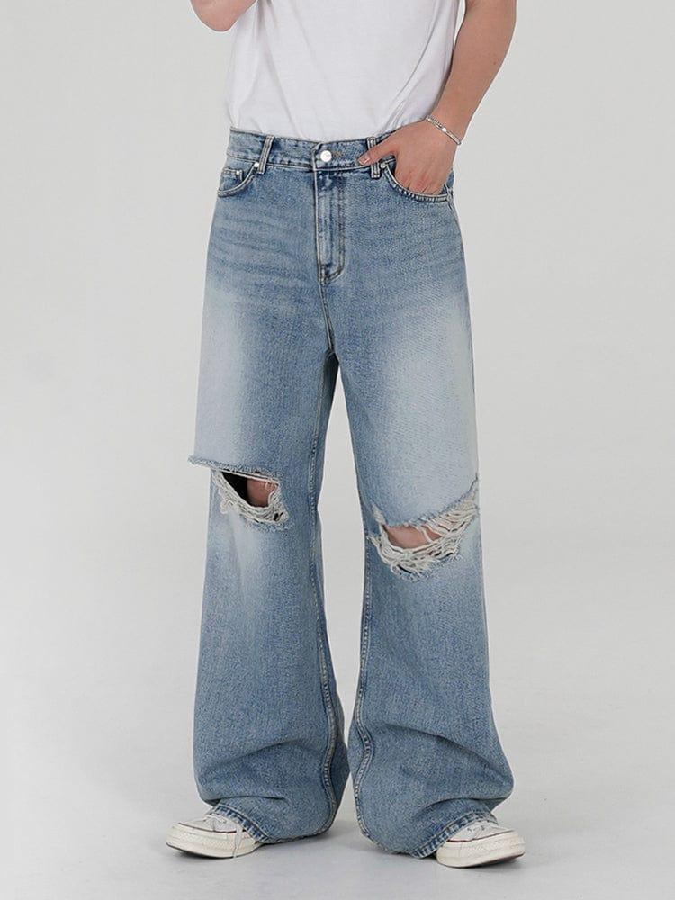 RT No. 12589 LIGHT BLUE RIPPED STRAIGHT DENIM JEANS Product Image