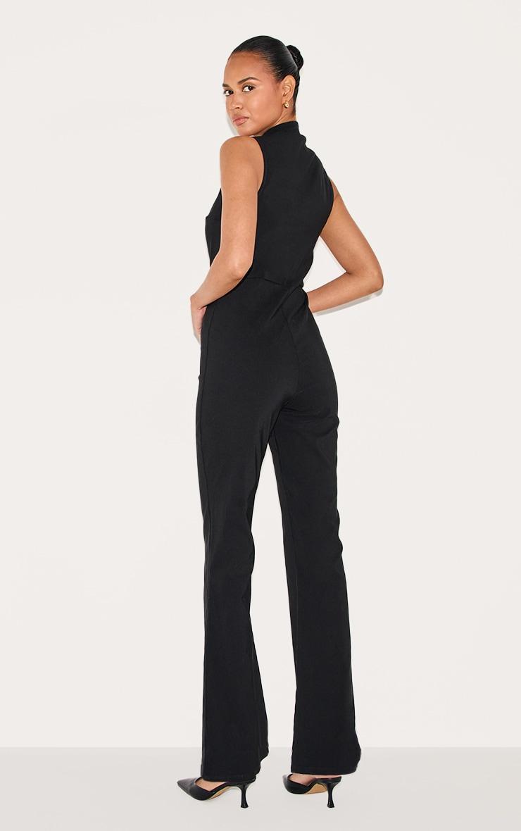 Black Stretch Woven Collared Gold Trim Straight Leg Jumpsuit Product Image
