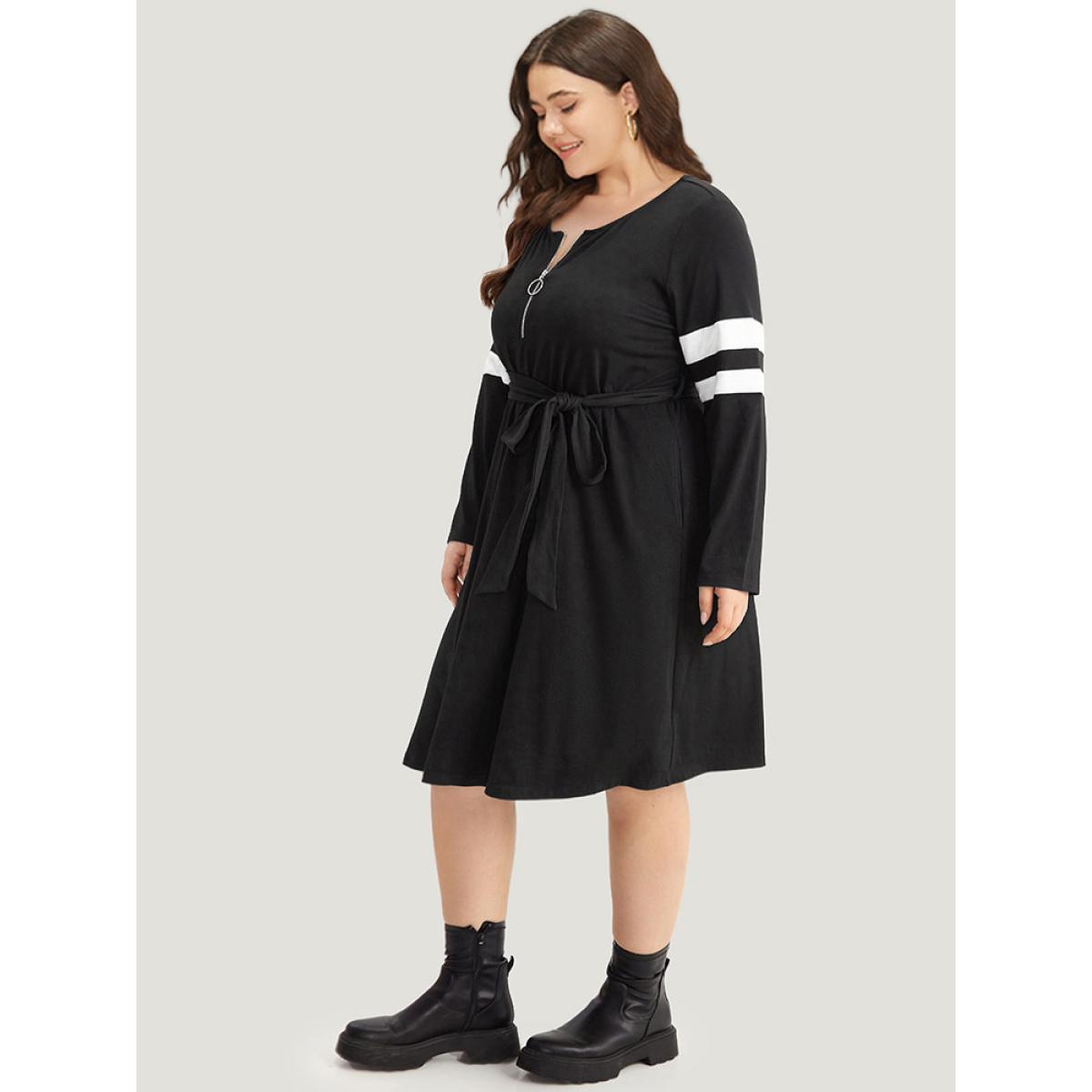 Plus Size Colorblock Patchwork Zipper Belted Dress Black Women Casual Belted Round Neck Long Sleeve Curvy Midi Dress BloomChic 18-20/2X Product Image