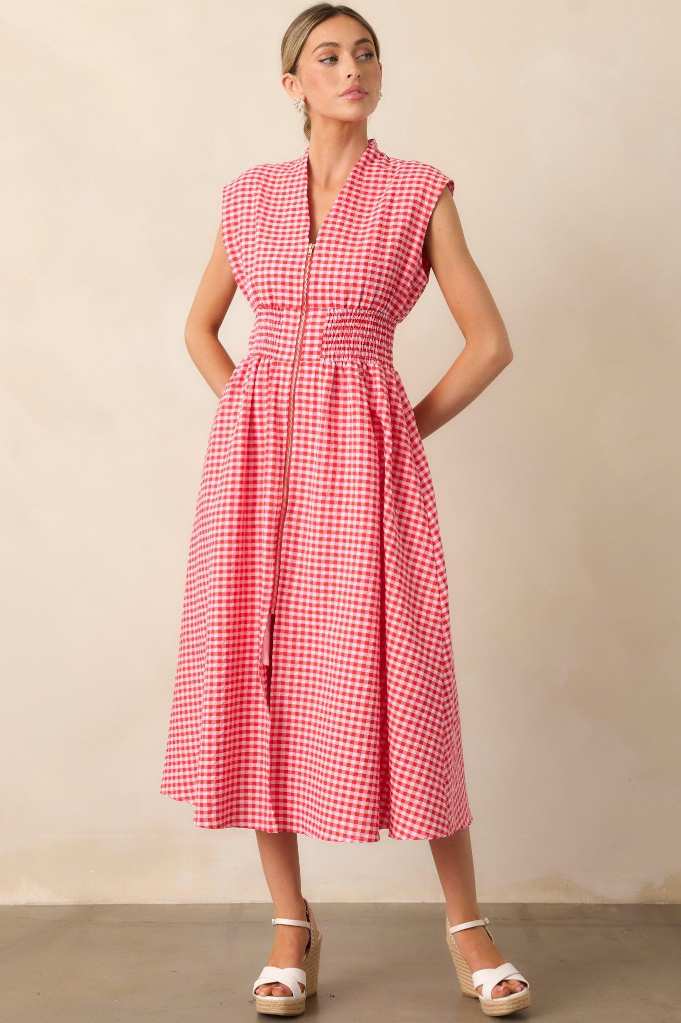 The Evette Red Gingham Zip Front Midi Dress Product Image