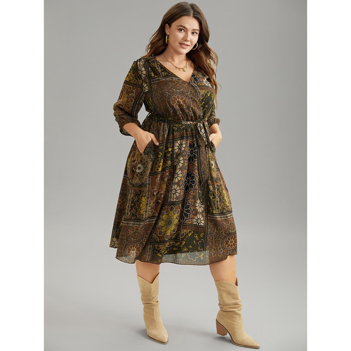 Plus Size Boho Print Wrap Elastic Waist Belted Dress LightBrown Women Vacation Elastic cuffs V-neck Elbow-length sleeve Curvy Midi Dress BloomChic 30/6X Product Image