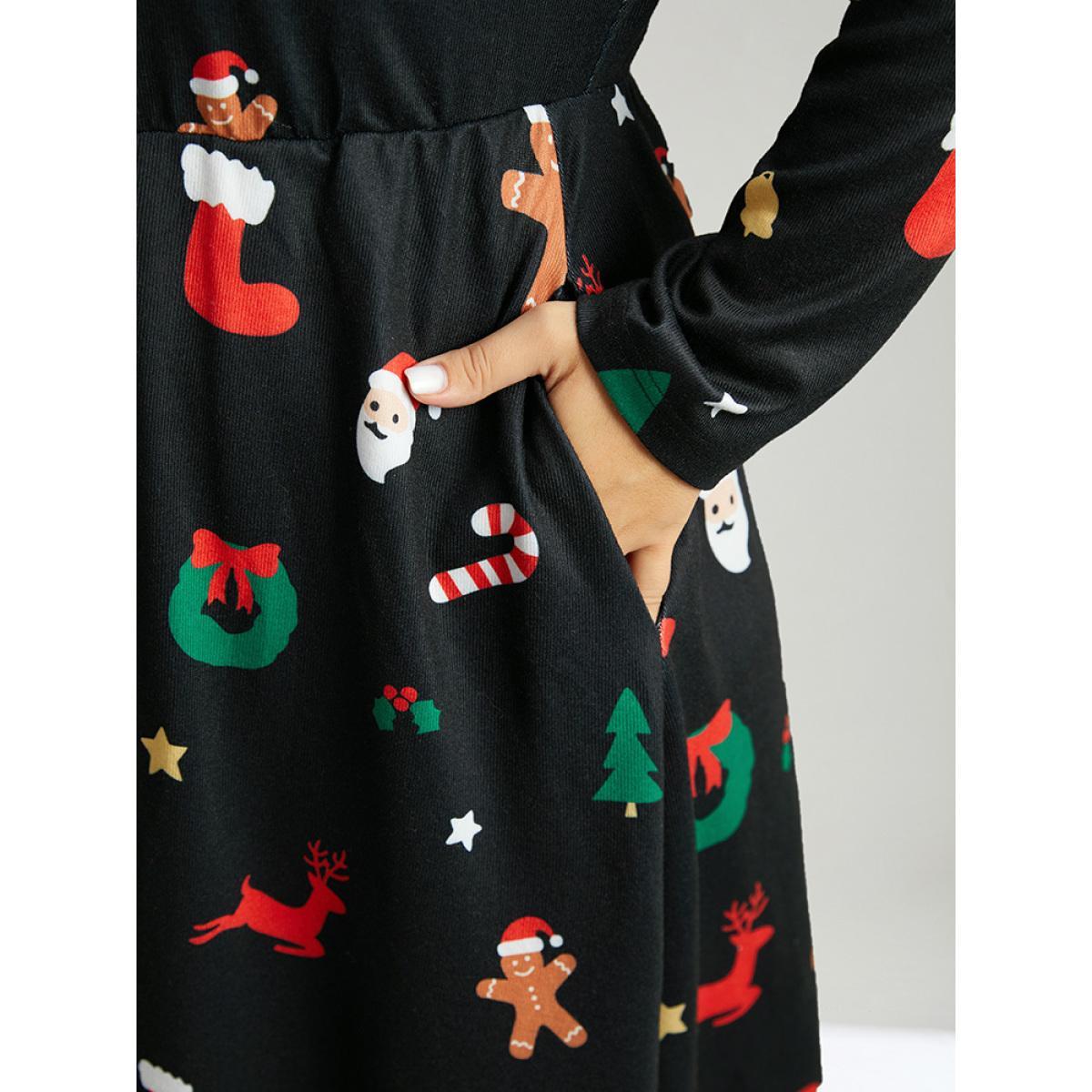 Plus Size Christmas Print Pocket Elastic Waist Dress Multicolor Women Casual Printed Round Neck Long Sleeve Curvy Midi Dress BloomChic 18-20/2X Product Image
