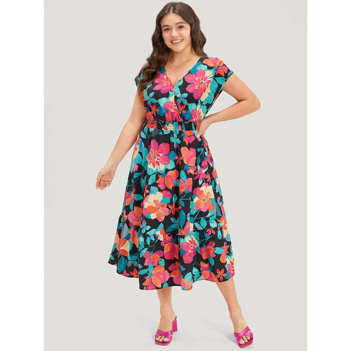 Plus Size Floral Shirred Overlap Collar Batwing Sleeve Dress Black Women Elegant Wrap V-neck Cap Sleeve Curvy Midi Dress BloomChic 22-24/3X Product Image