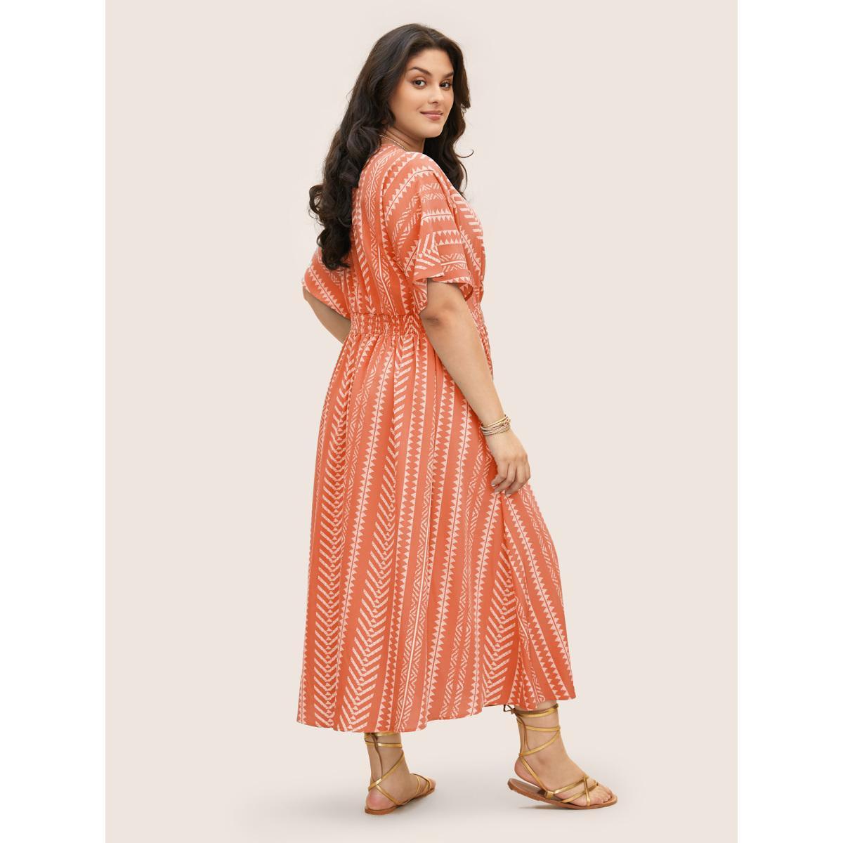Plus Size Solid Geometric Dolman Sleeve Pocket Shirred Split Hem Dress Salmon Women Resort Non V-neck Half Sleeve Curvy Long Dress BloomChic 10/M Product Image