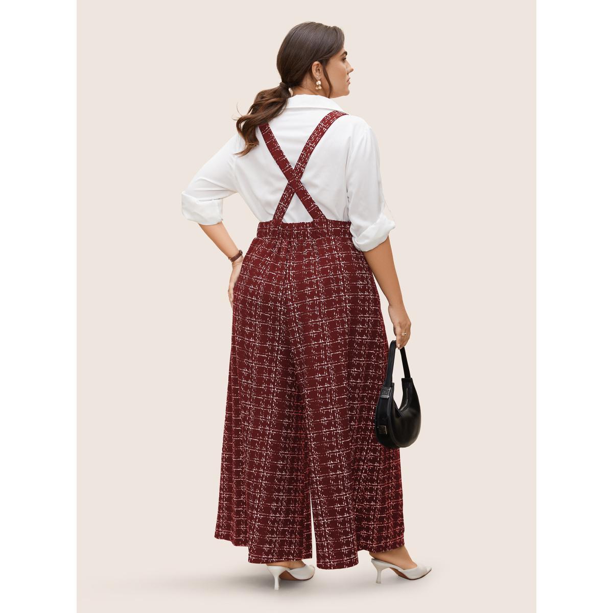 Plus Size Russet Plaid Tweed Crisscross Back Button Detail Jumpsuit Women Work From Home Sleeveless Non Work Loose Jumpsuits BloomChic 28/5X Product Image