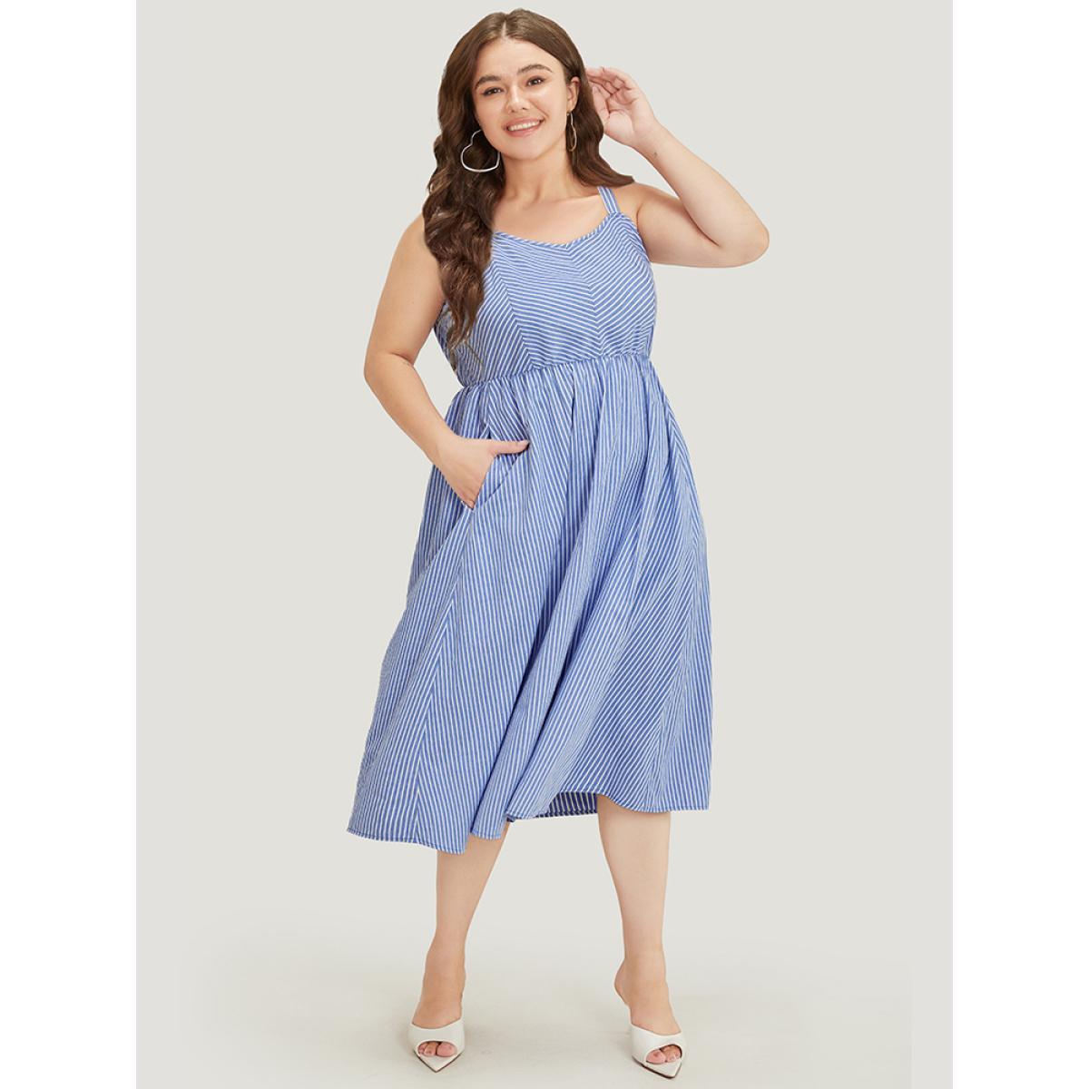 Plus Size Striped Print Ruffle Hem Pocket Spaghetti Strap Dress Stone Women Office Adjustable Straps Spaghetti Strap Sleeveless Curvy Midi Dress BloomChic 12/L Product Image
