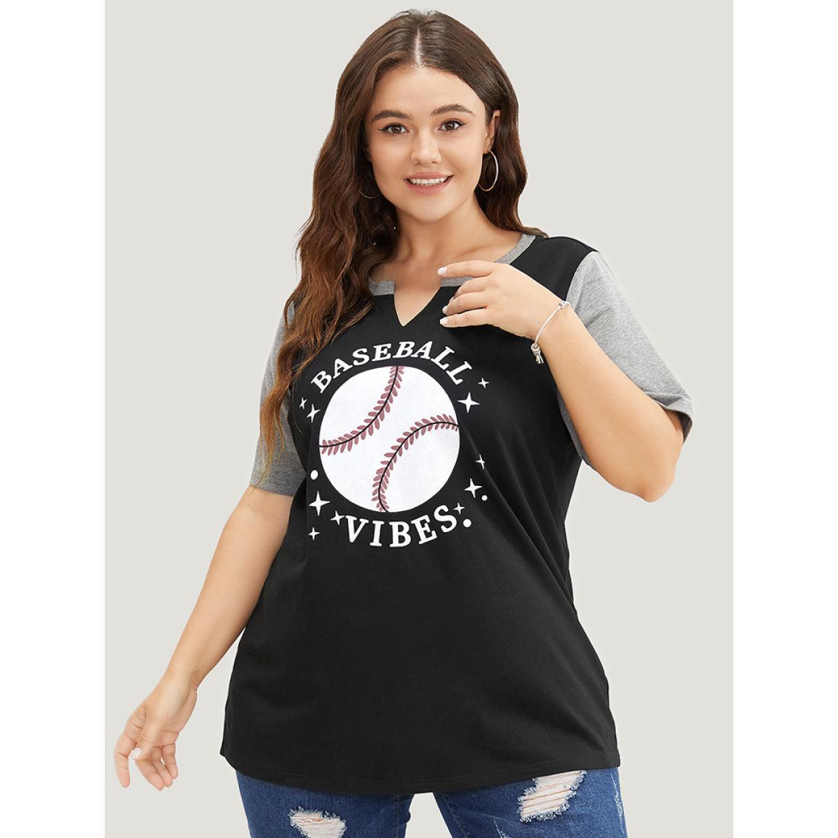 Plus Size Letter & Leaf Print Contrast Notched Neck T-shirt Black Women Casual Contrast Graphic Dailywear T-shirts BloomChic 18-20/2X Product Image
