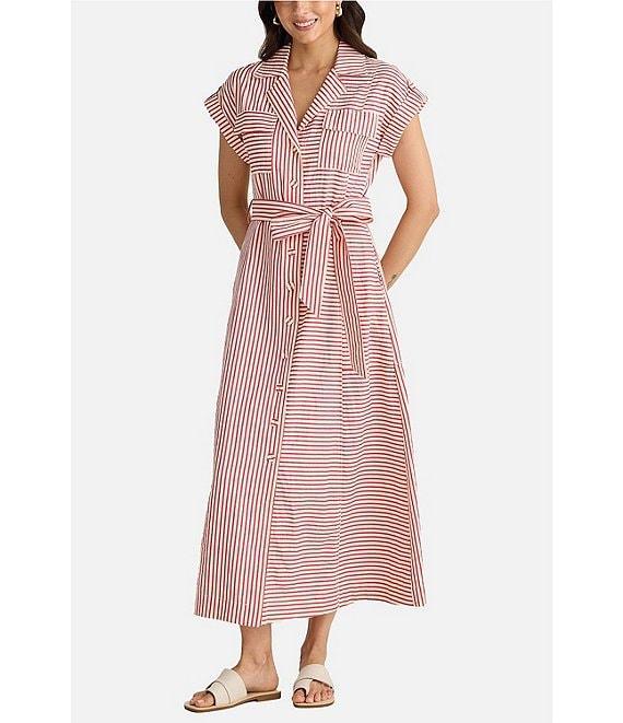 Brave + True Portia Short Sleeve Striped Collared Button Front Midi Shirt Dress Product Image
