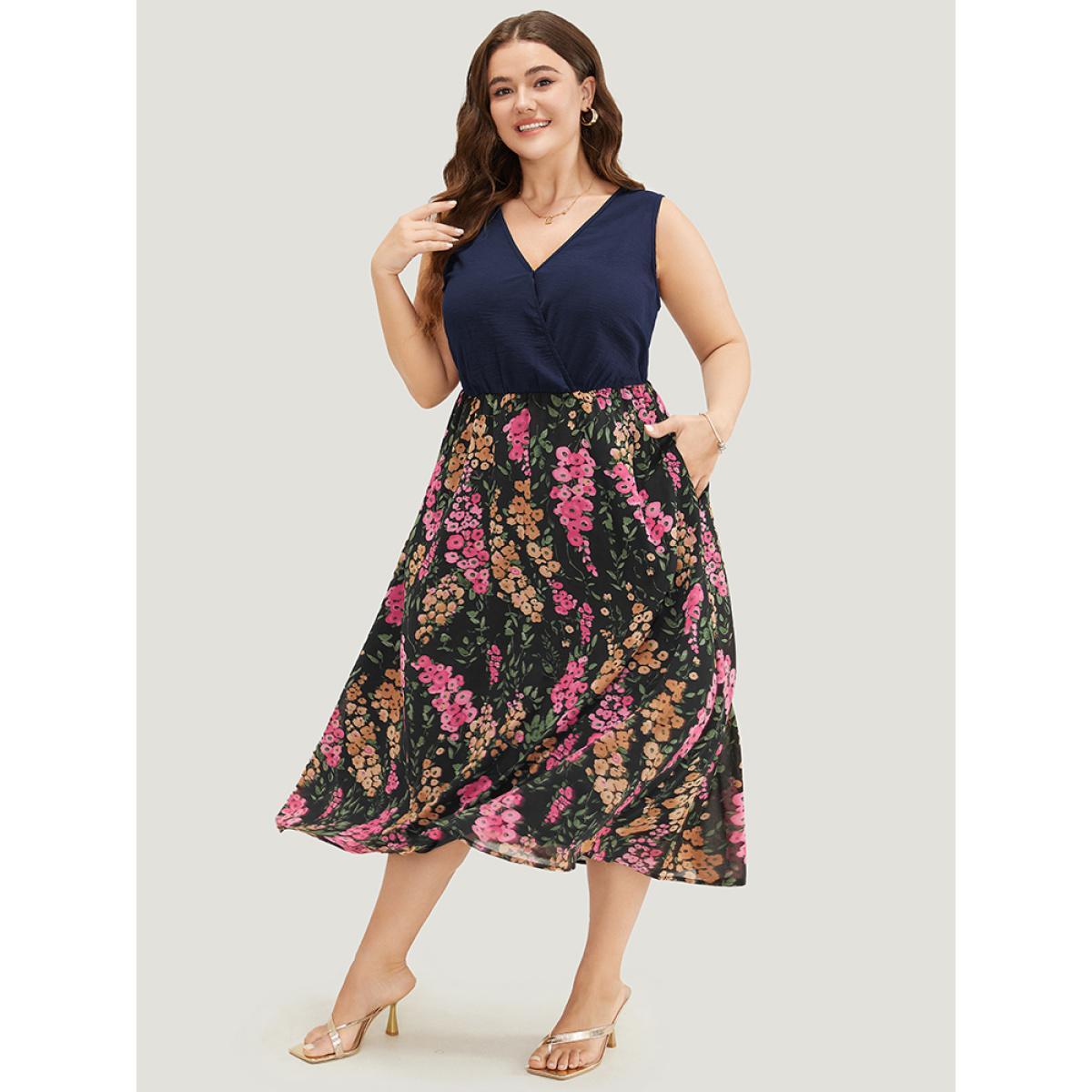 Plus Size Floral Patchwork Pocket Flutter Hem Wrap Tank Dress DarkBlue Women Vacation Wrap V-neck Sleeveless Curvy Midi Dress BloomChic 22-24/3X Product Image