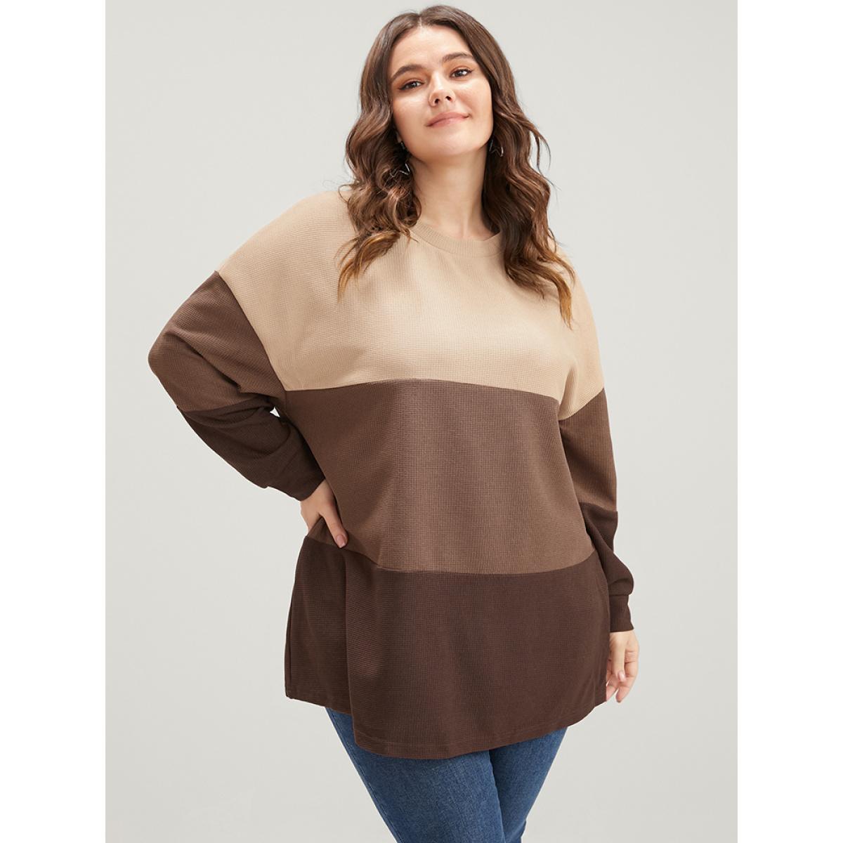 Plus Size Colorblock Contrast Round Neck Drop Shoulder Sweatshirt Women Tan Casual Patchwork Round Neck Dailywear Sweatshirts BloomChic 30/6X Product Image