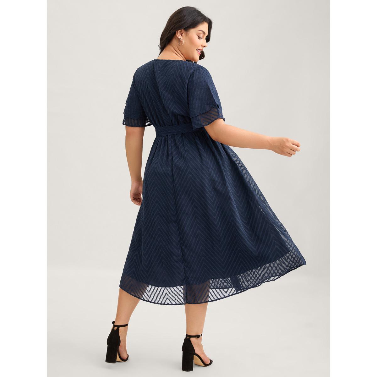 Plus Size Texture Tiered Ruffle Sleeve See Through Dress Navy Women Elegant Texture V-neck Half Sleeve Curvy BloomChic 22-24/3X Product Image