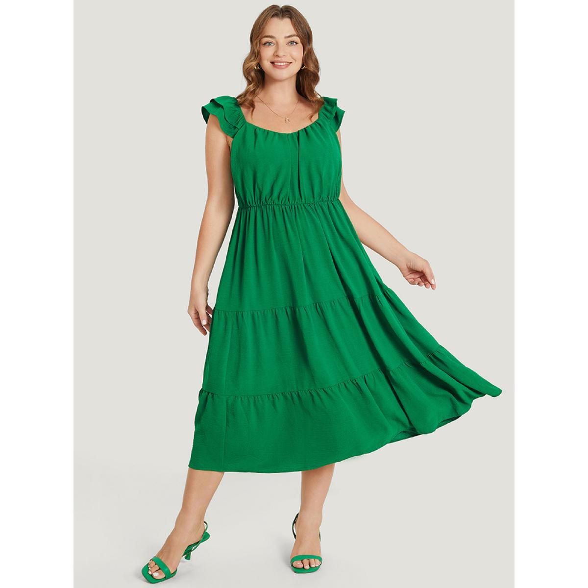 Plus Size Plain Ruffle Tiered Pocket Elastic Waist Cami Dress Green Women Elegant Gathered V-neck Sleeveless Curvy Midi Dress BloomChic 10/M Product Image