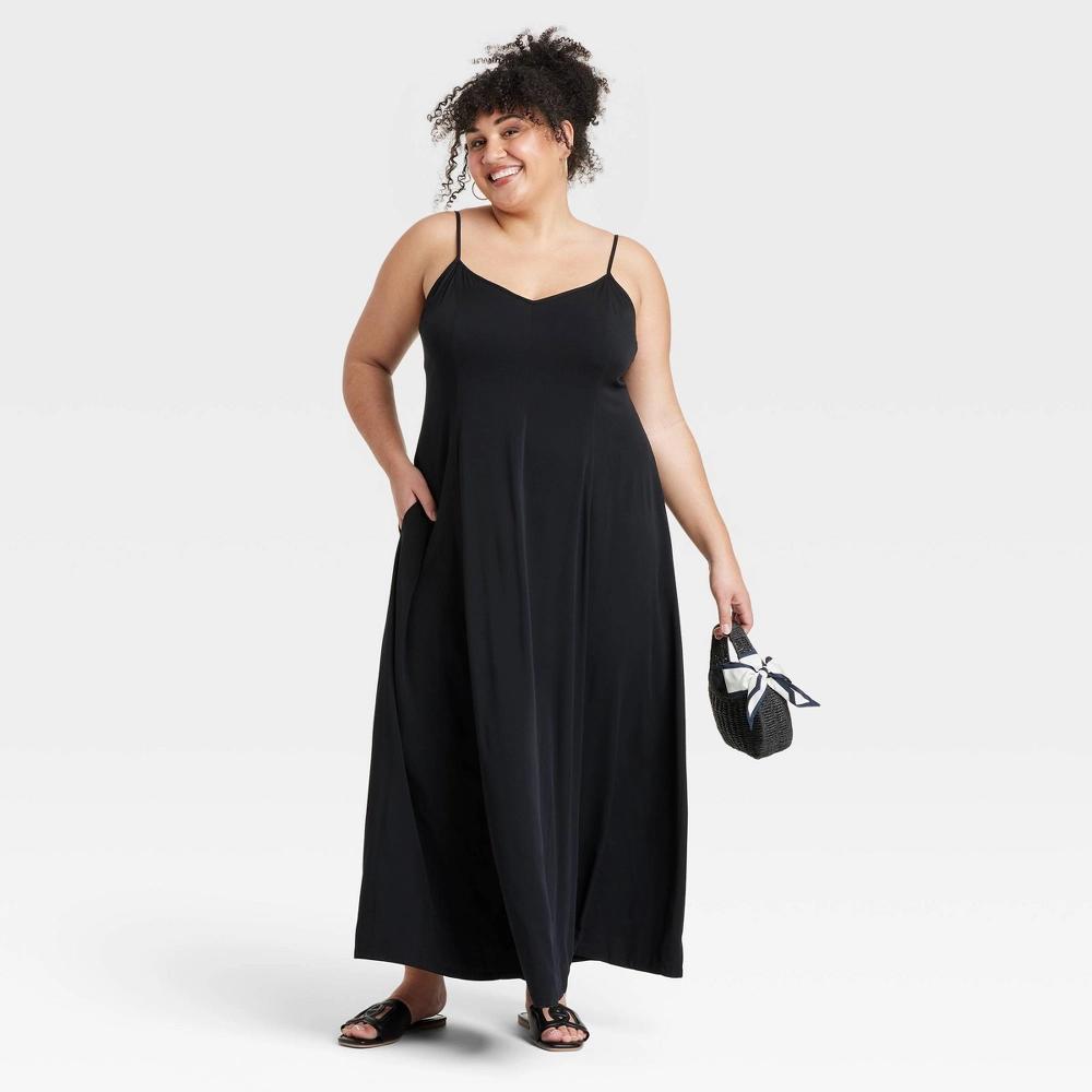 Womens Seamed Maxi A-Line Dress - Ava & Viv Black 2X: Sleeveless Sweetheart Neckline, Adjustable Straps Product Image