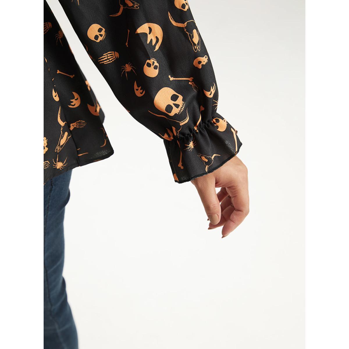 Plus Size Black Halloween Print Elastic Waist Crew Neck Lantern Sleeve Blouse Women Elegant Long Sleeve Round Neck Festival-Halloween Blouses BloomChic 18-20/2X Product Image