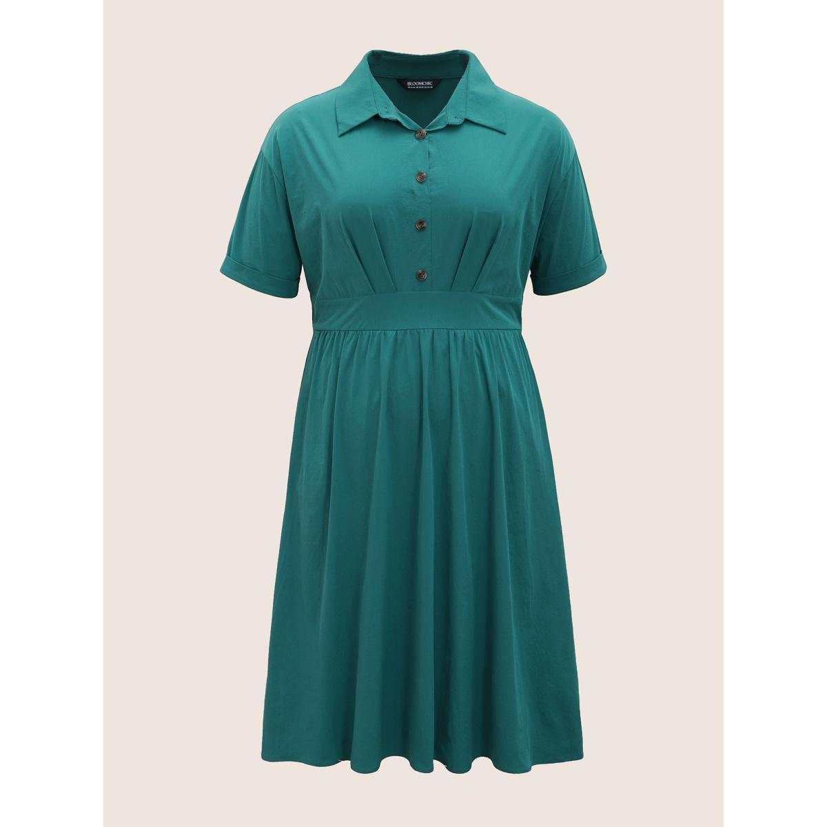 Plus Size Shirt Collar Pleated Button Detail Gathered Midi Dress Cyan Women Work From Home Gathered Shirt collar Short sleeve Curvy BloomChic 22-24/3X Product Image