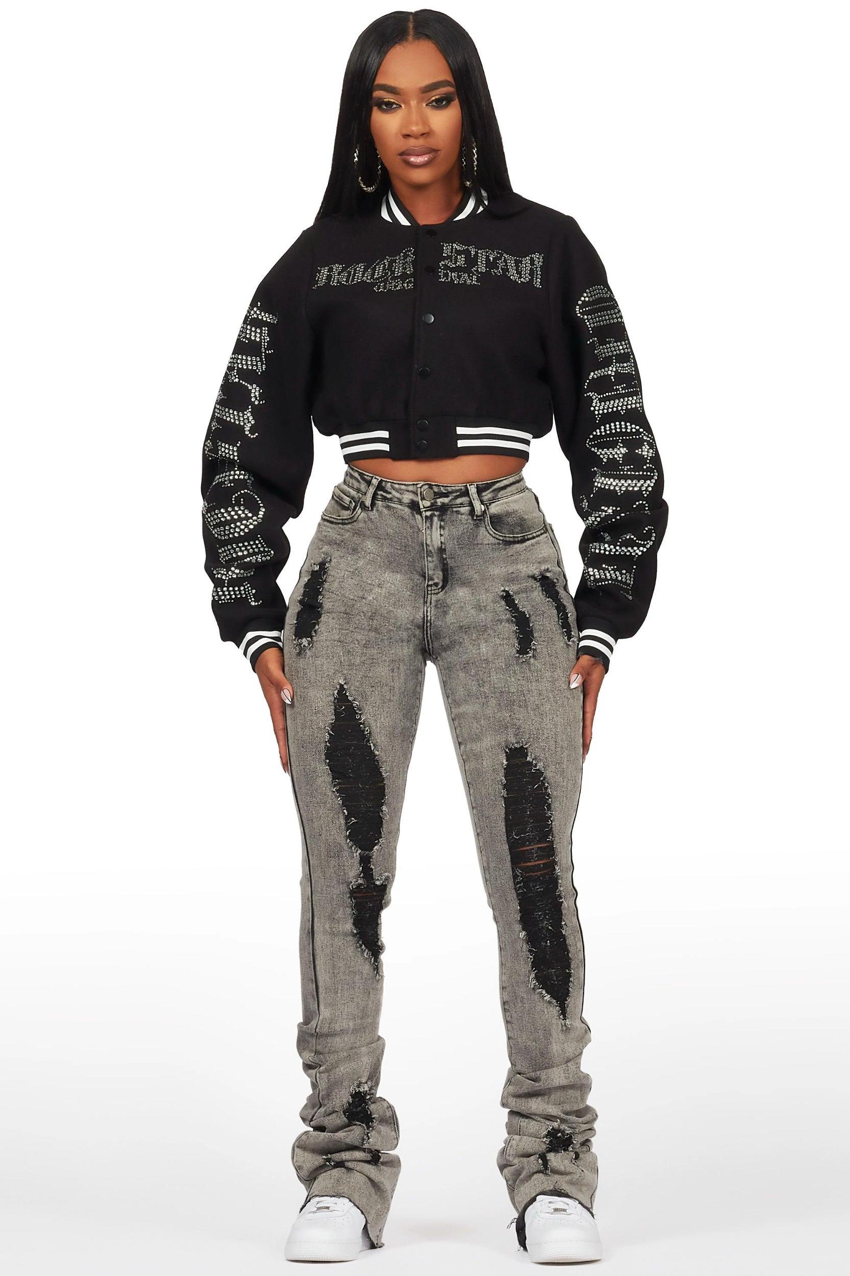 Gianni Black Crop Rhinestone Varsity Jacket Female Product Image