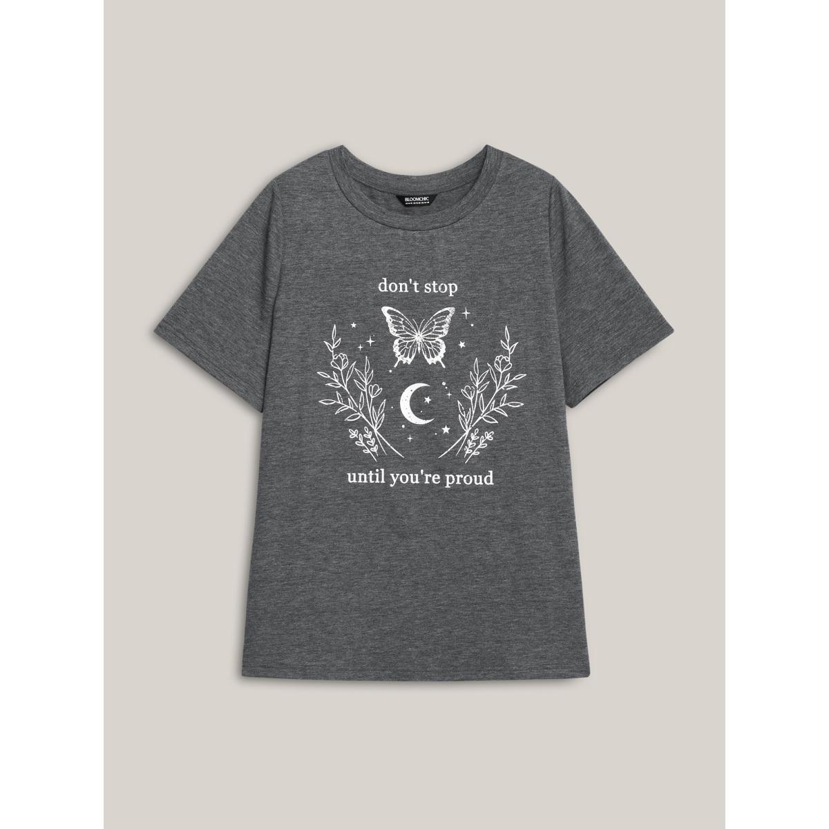 Plus Size Positive Vibes Print Crew Neck T-Shirt DimGray Women Casual Non Butterfly Round Neck Everyday T-shirts BloomChic 10/M Product Image