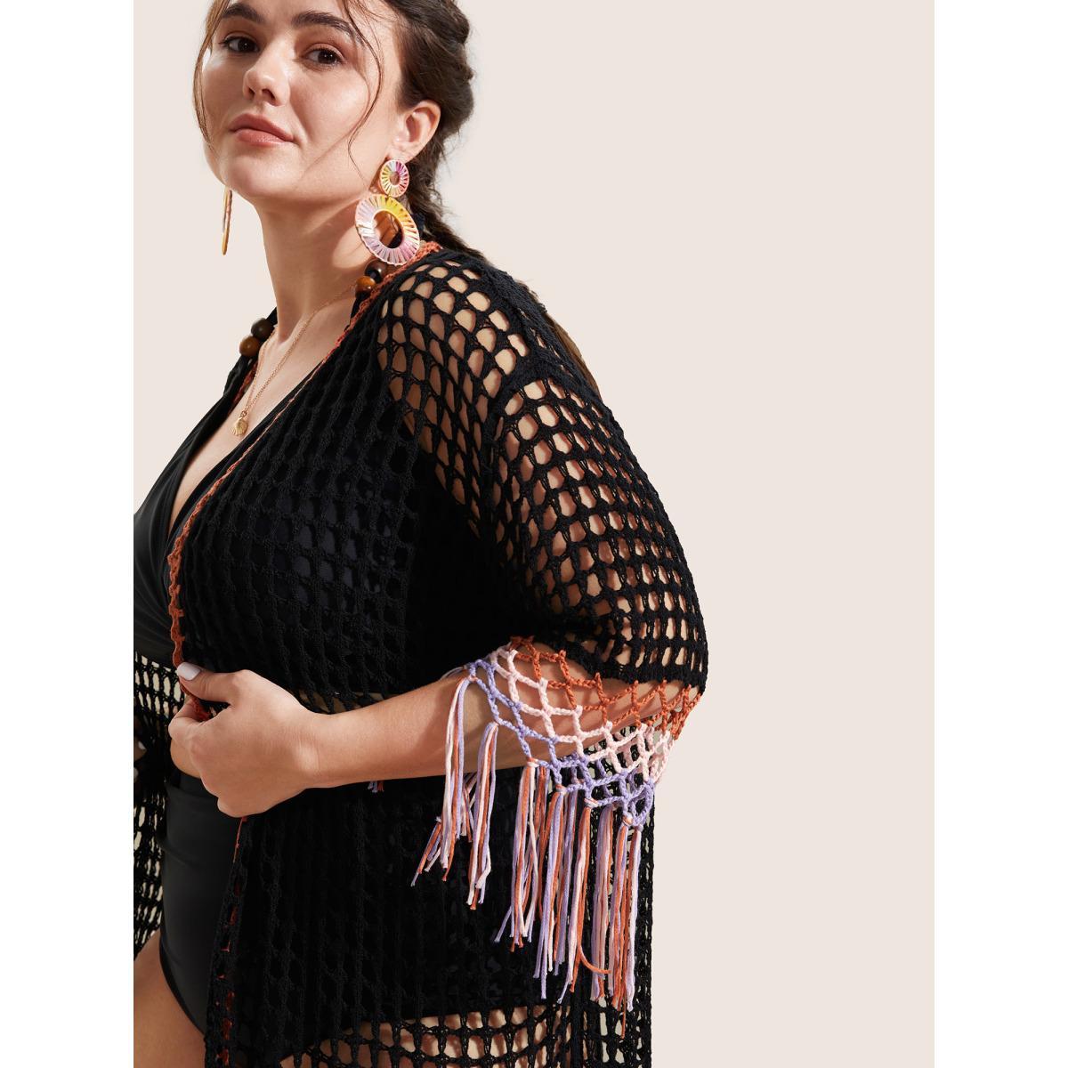 Plus Size Crochet Cut Out Tassels Trim Swim Cover Up Women's Swimwear Black Beach Loose Crochet Curve Swim Cover Ups BloomChic 12/L Product Image