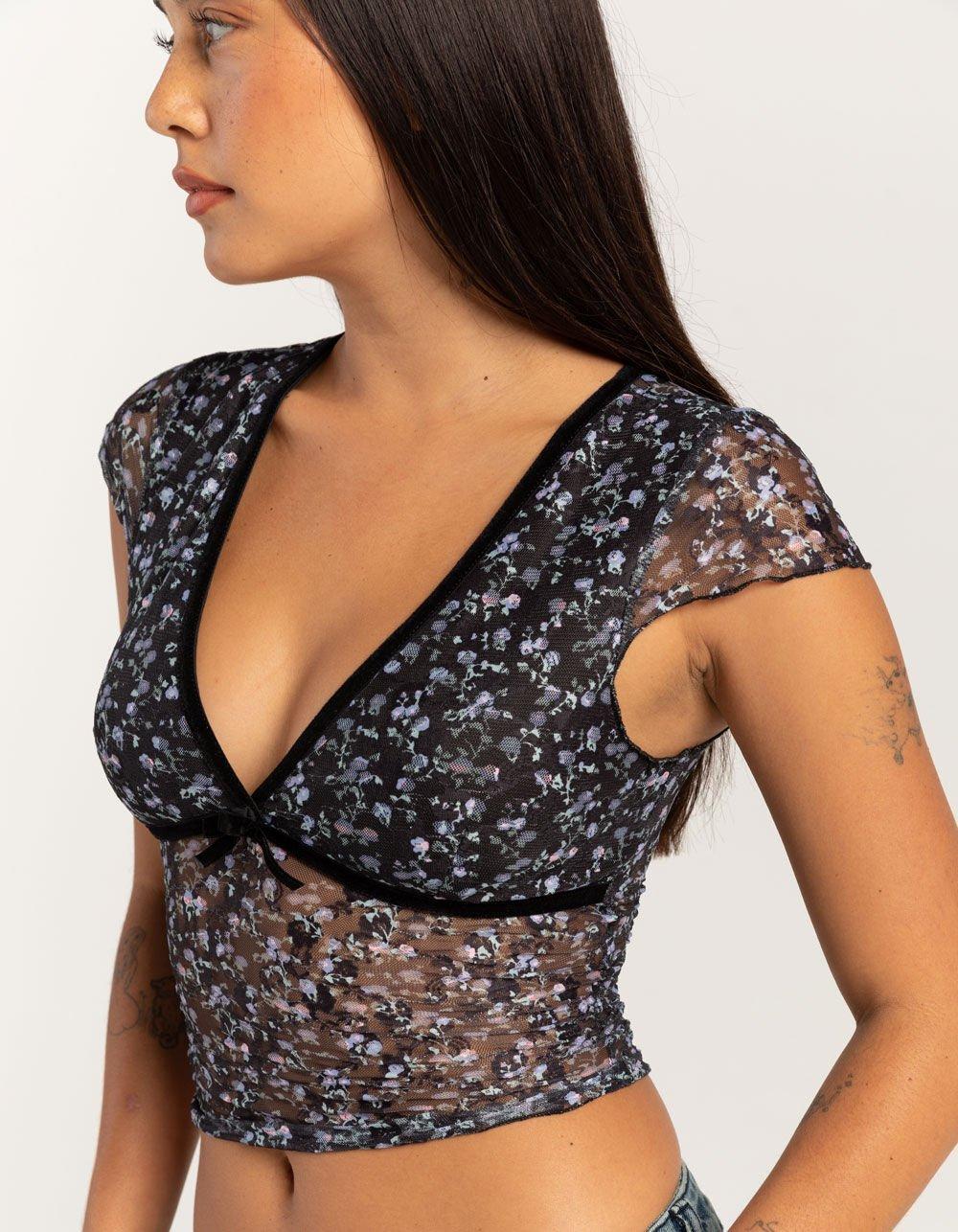 FULL TILT Printed Lace Womens V-Neck Top - BLK/MULTI Product Image