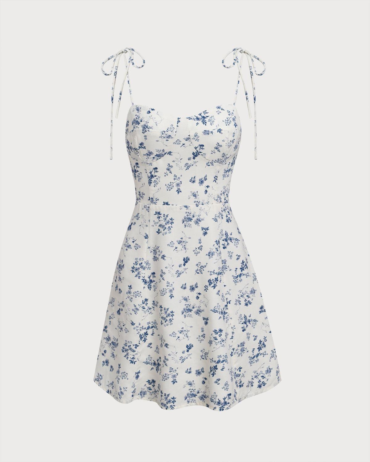 White Floral Shirred Tie Strap Mini Dress Product Image