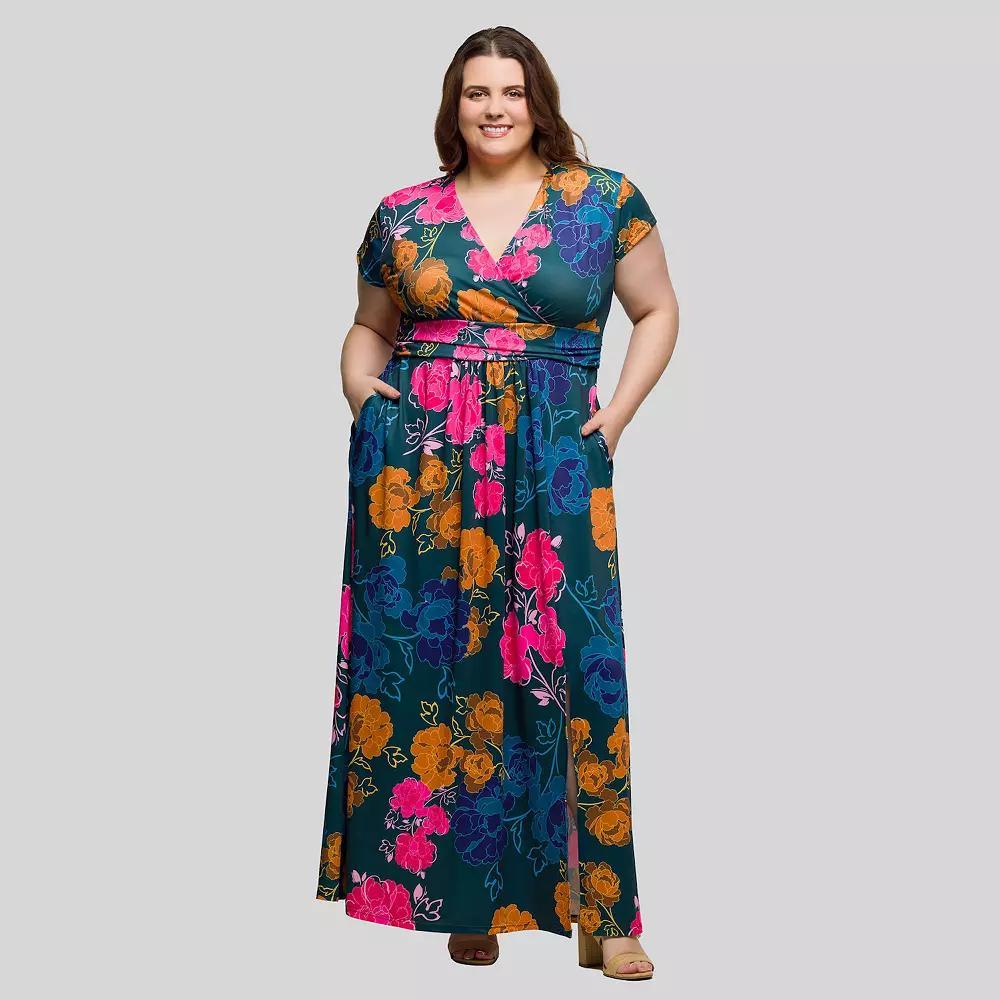 Plus Size 24Seven Comfort Apparel Floral Cap Sleeve Maxi Dress, Women's, Size: 3XL, Green Team Product Image