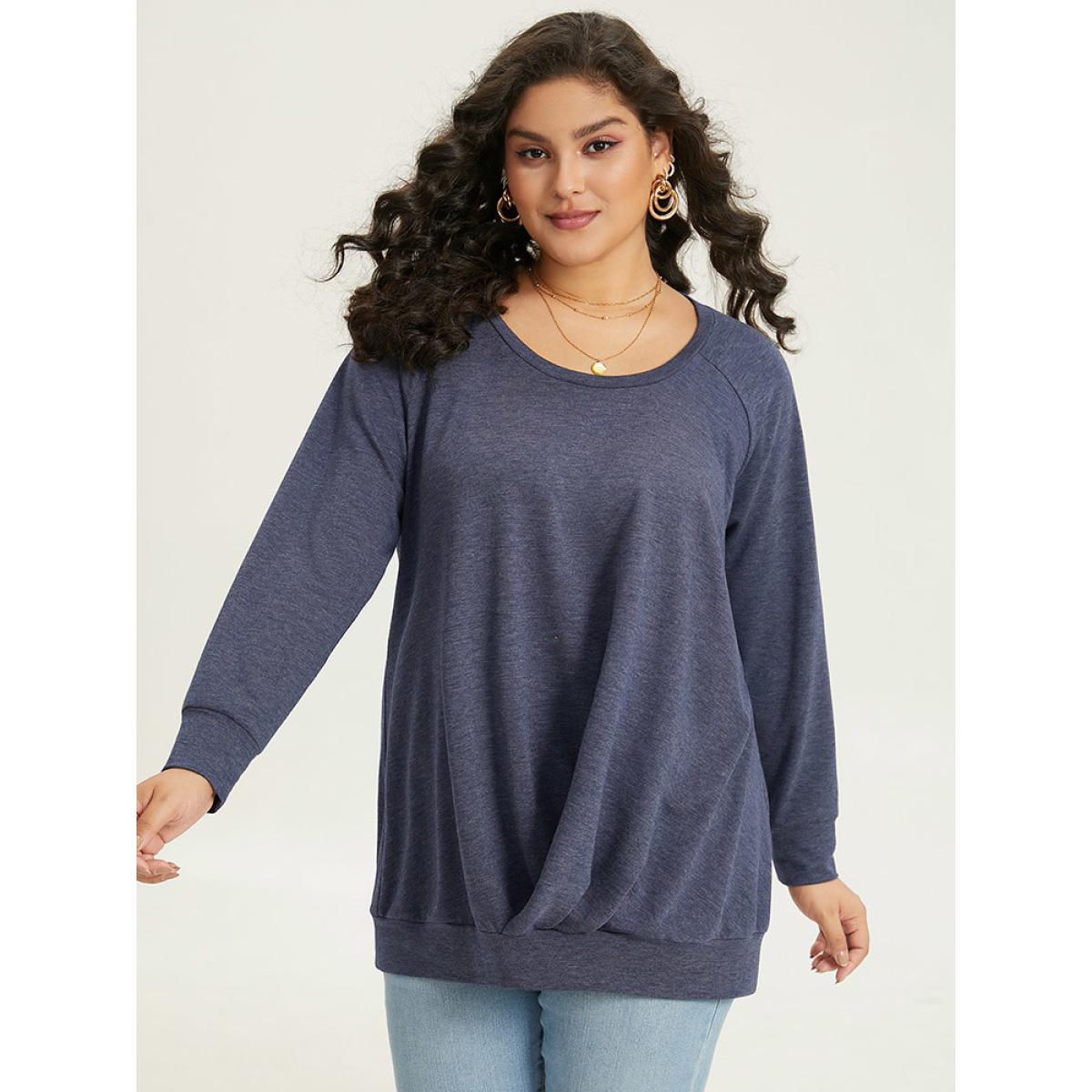 Plus Size Solid Plicated Detail Raglan Sleeve Sweatshirt Women DarkBlue Elegant Elastic cuffs Round Neck Dailywear Sweatshirts BloomChic 30/6X Product Image