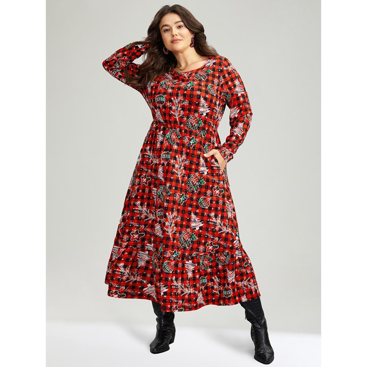 Plus Size Gingham Crew Neck Pocket Elastic Waist Dress Red Women Casual Printed Round Neck Long Sleeve Curvy Midi Dress BloomChic 28/5X Product Image