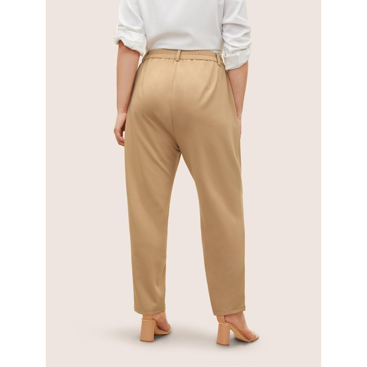 Plus Size Solid Color Zipper Pencil Pants Women LightBrown At the Office Straight Leg High Rise Work Pants BloomChic 30/6X Product Image