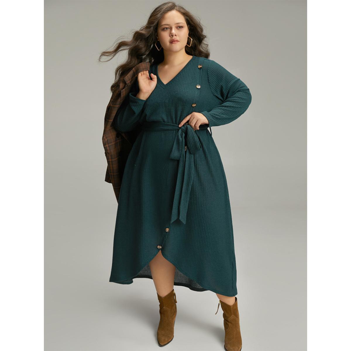Plus Size Rib Knit Button Detail Belted Wrap Hem Dress Cyan Women Casual Texture V-neck Long Sleeve Curvy Midi Dress BloomChic 28/5X Product Image