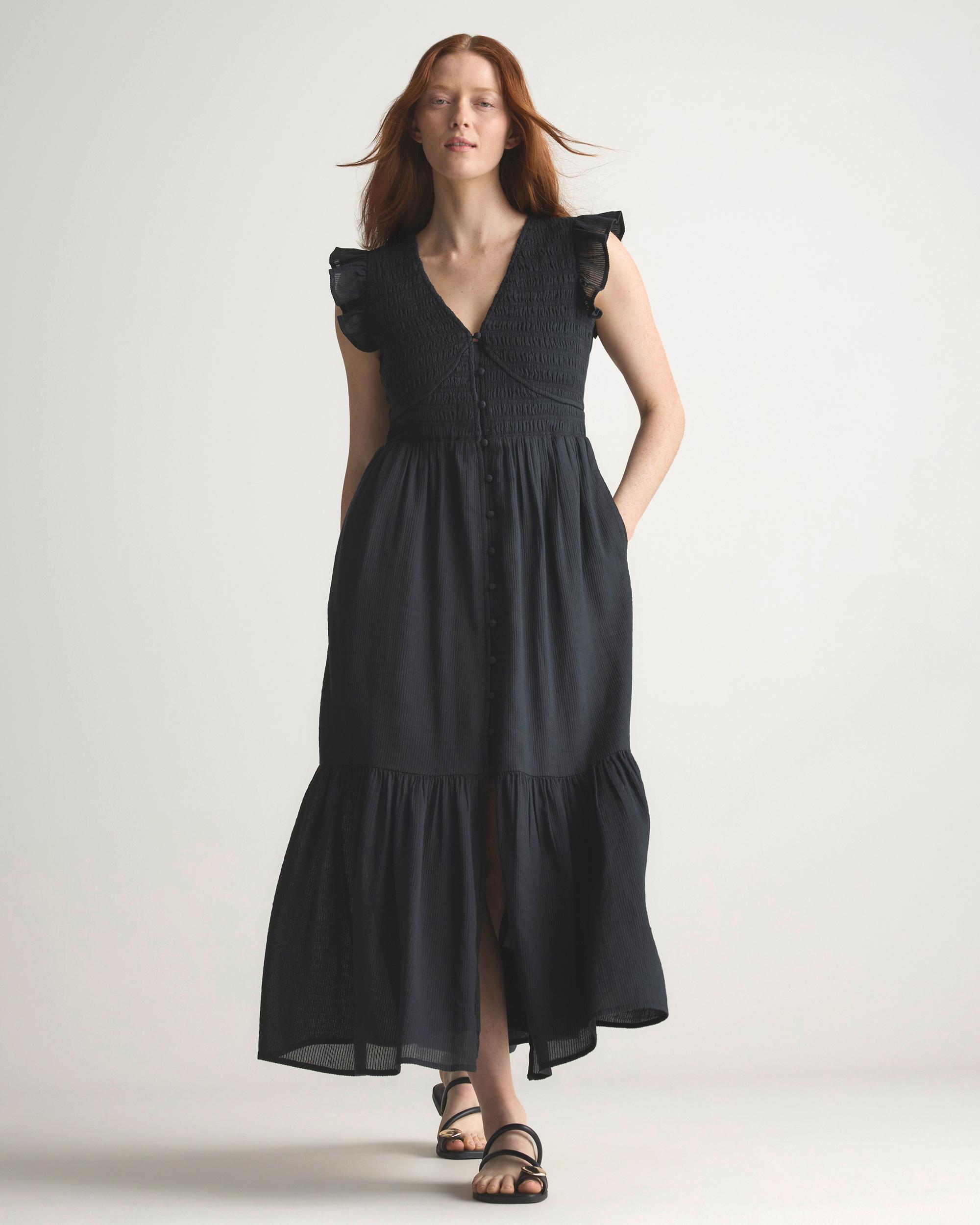 Quince | Women's Organic Textured Cotton Smocked V-Neck Midi Dress Size XS, Organic Cotton Product Image