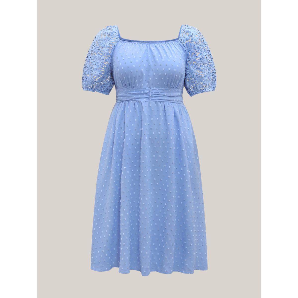 Plus Size Textured Lace Sleeve Stretchy Waist Midi Dress Skyblue Women Elegant Woven ribbon&lace trim Square Neck Short sleeve Curvy BloomChic 22-24/3X Product Image