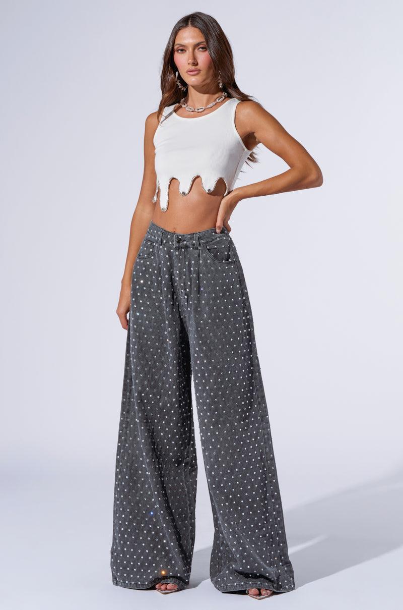 DAZZLED RHINESTONE STUDDED DENIM PANTS IN BLACK Girls Product Image