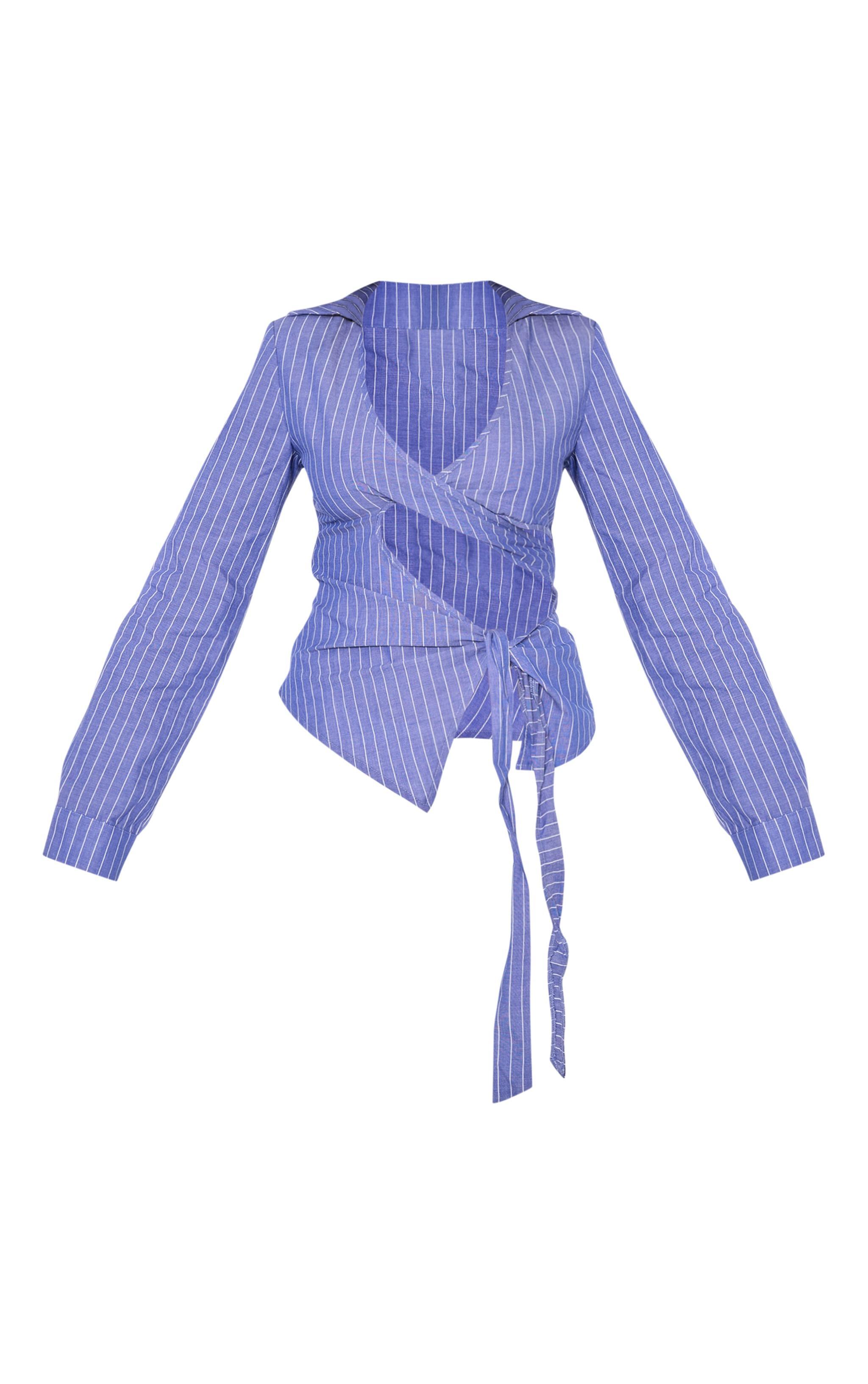 Navy Pinstripe Tie Front Cut Out Shirt Product Image