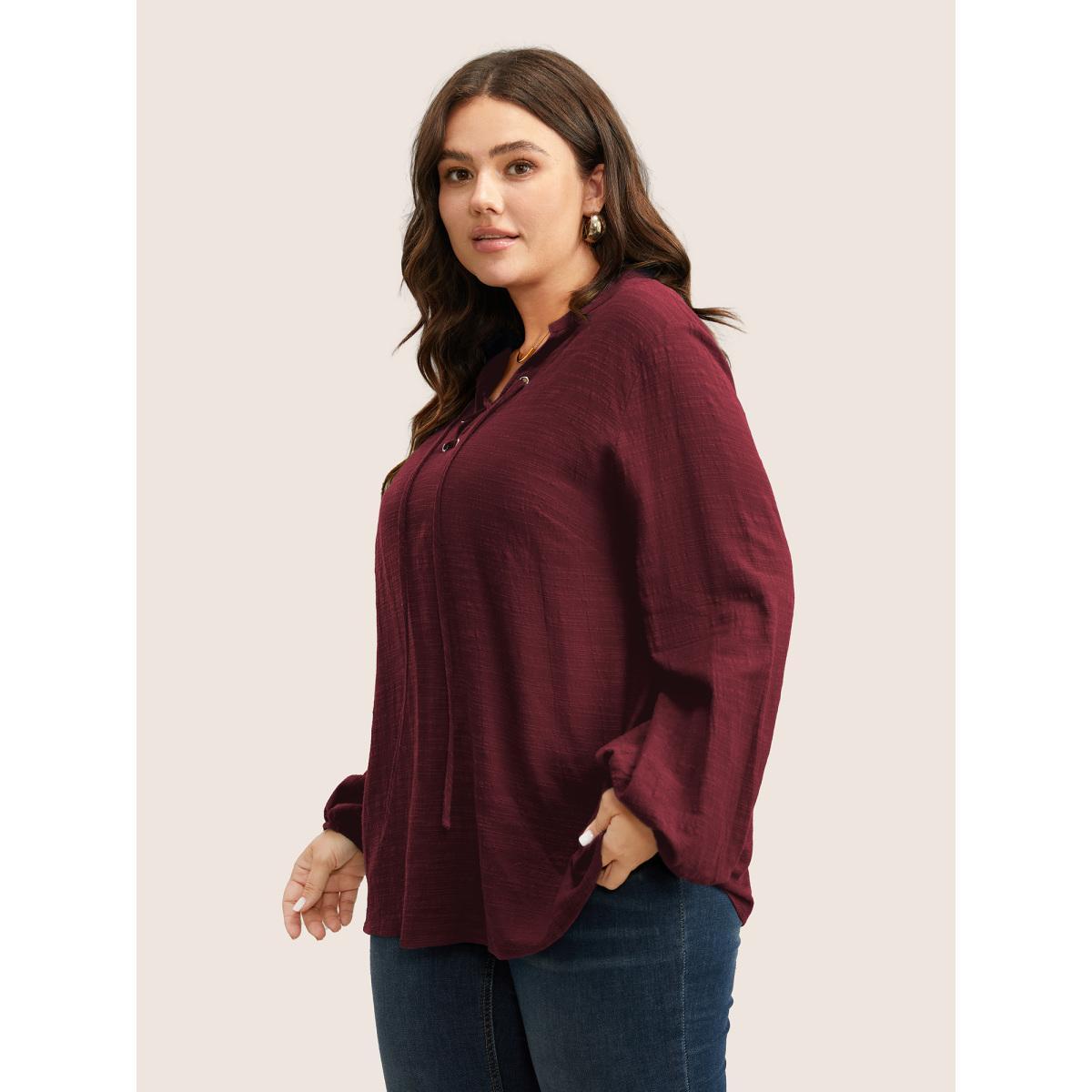 Plus Size Scarlet Plain Lace Up Lantern Sleeve Blouse Women Casual Long Sleeve Shirt collar Everyday Blouses BloomChic 10/M Product Image
