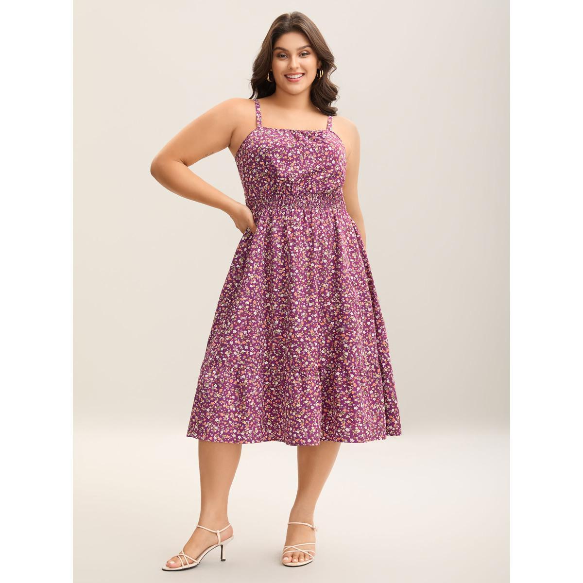 Plus Size Floral Print Shirred Pockets Midi Dress Deeppurplered Women Elegant Shirred Square Neck Sleeveless Curvy BloomChic 10/M Product Image