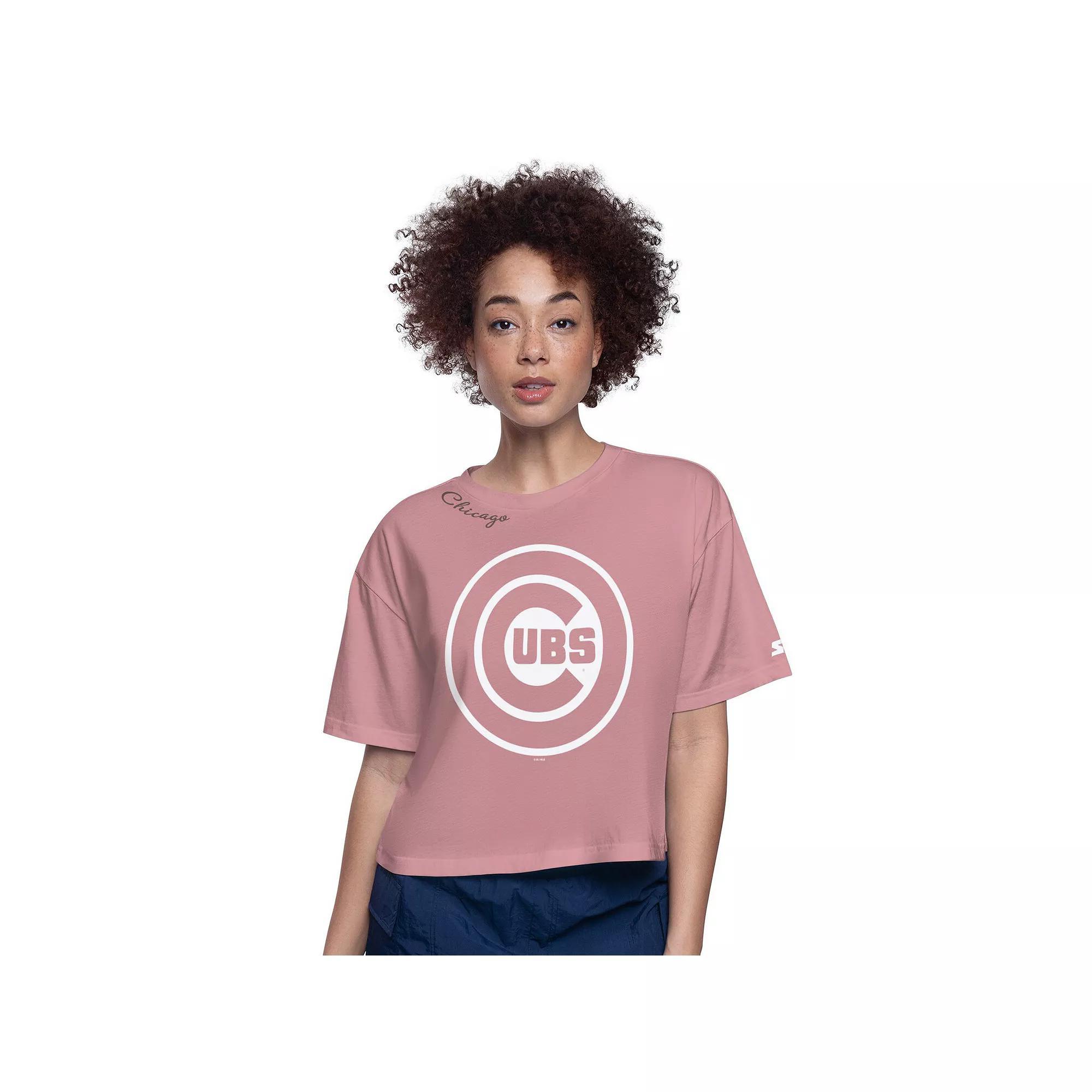 Women's Starter Pink Chicago Cubs Play the Ball Boxy Cropped T-Shirt, Size: Small Product Image