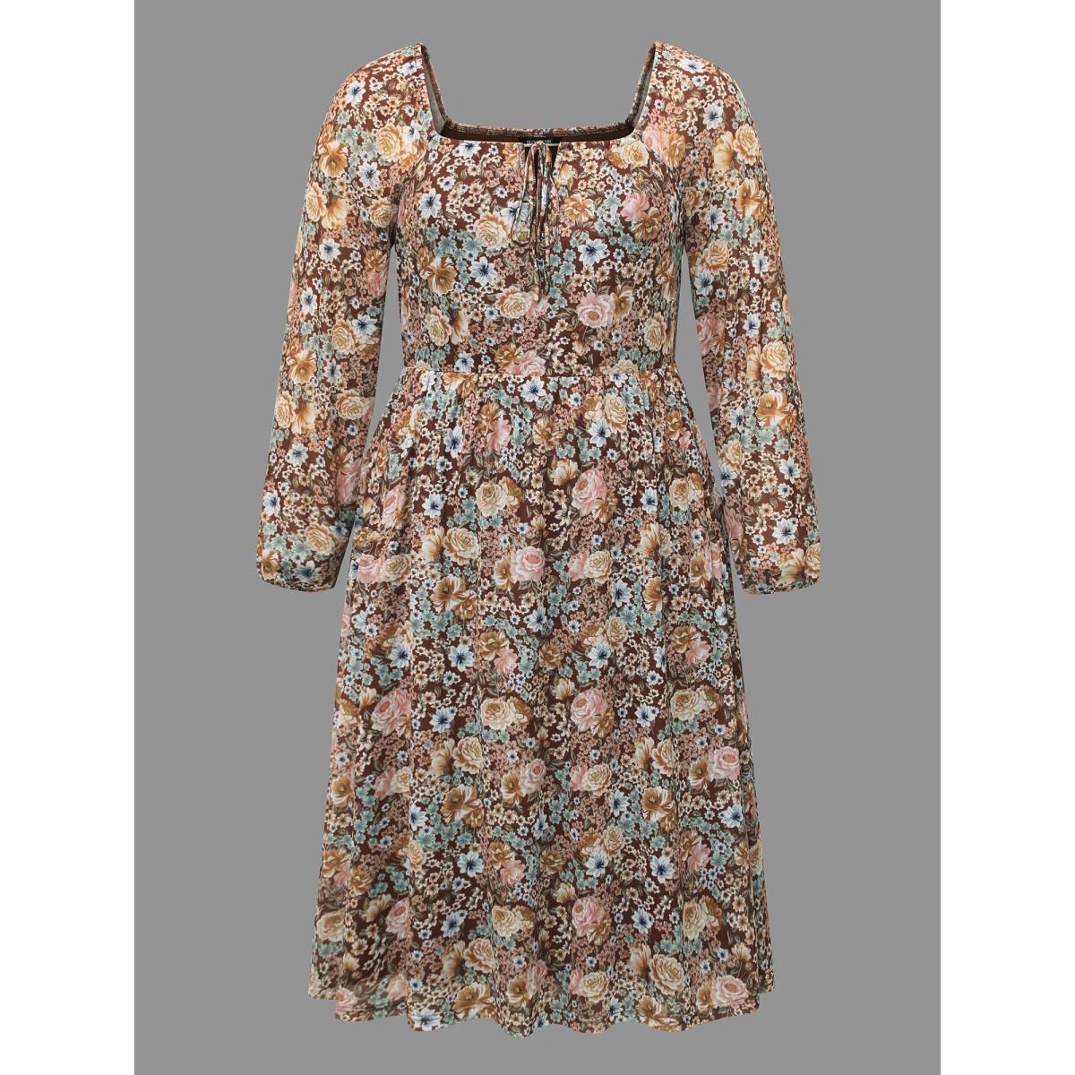 Plus Size Square Neck Floral Ties Midi Dress Browncoffeecolor Women Elegant Tie knot Knit Dresses Bloomchic 12/L Product Image
