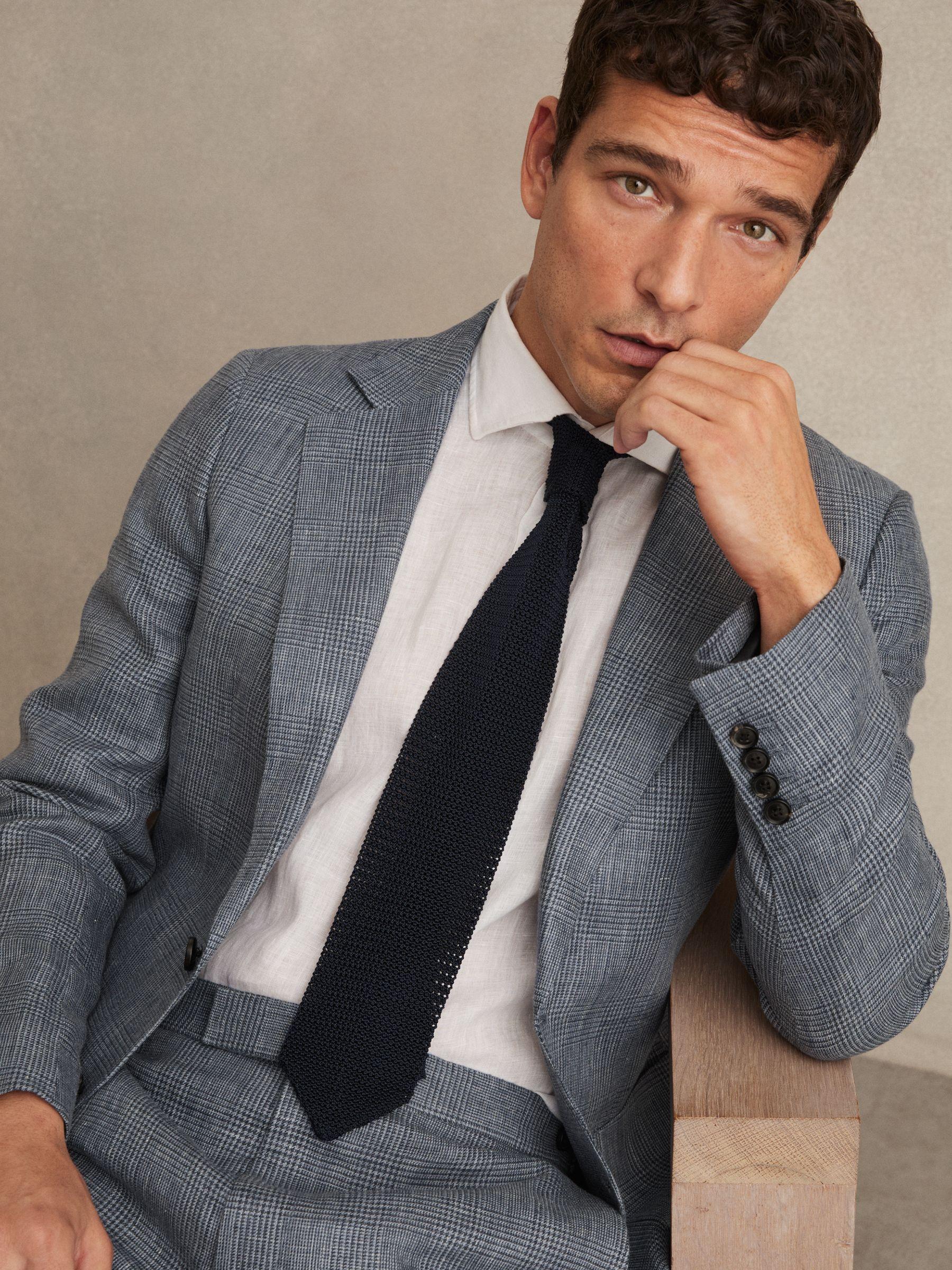 Slim Fit Single Breasted Linen Check Suit Blazer in Soft Blue Product Image