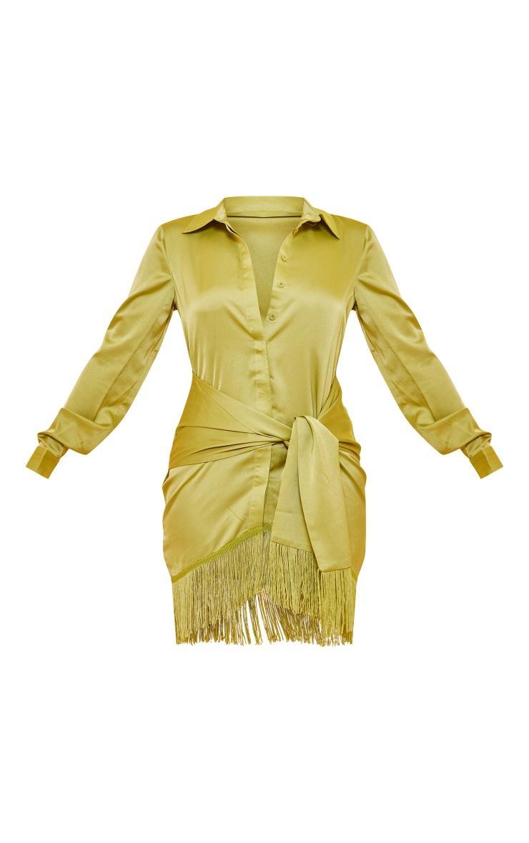 Lime Satin Drape Detail Tassel Hem Shirt Dress Product Image